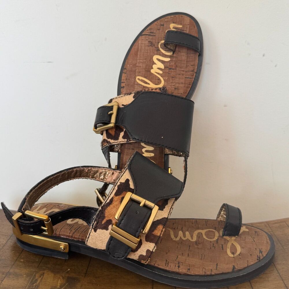 Sam Edelman Leopard Print Leather Sandals Buckle Strap Flat Sandals Size 6.5M